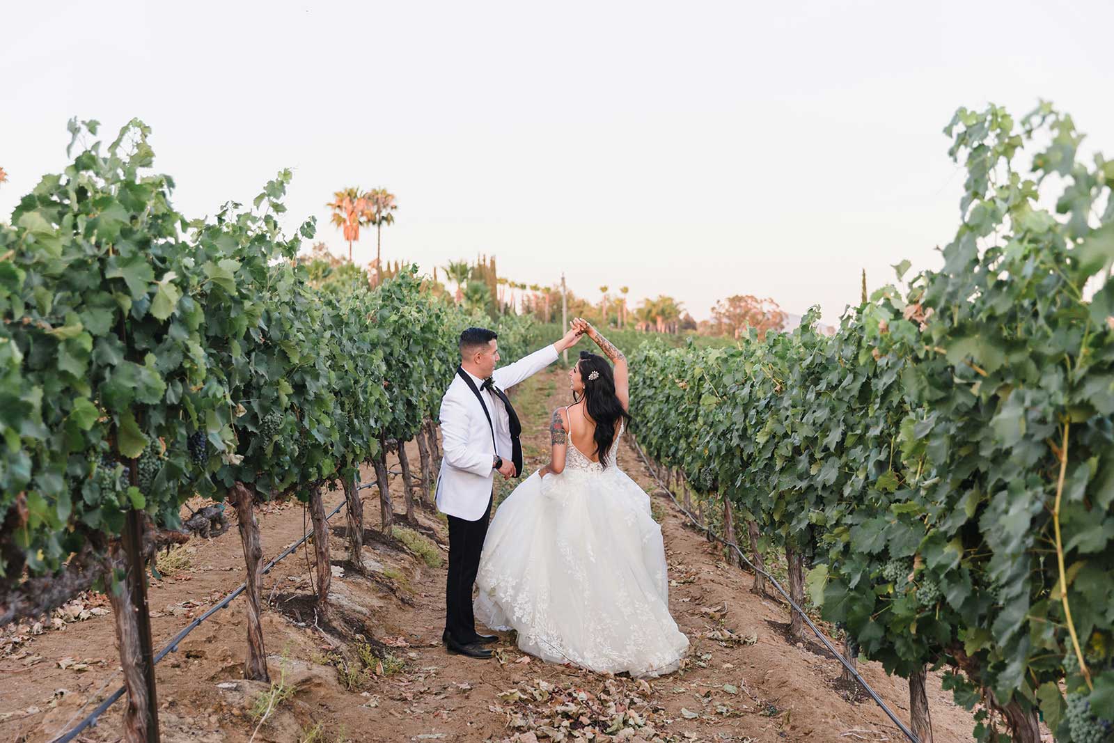 a bride and groom dancing in the vineyard