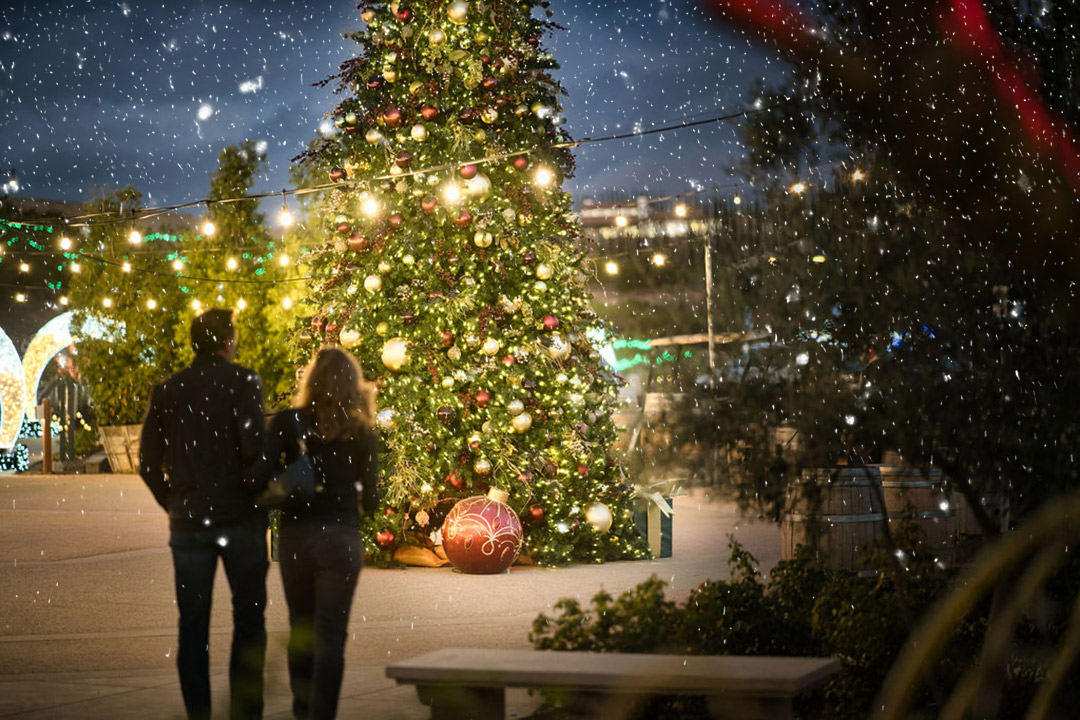 christmas tree with snow fall